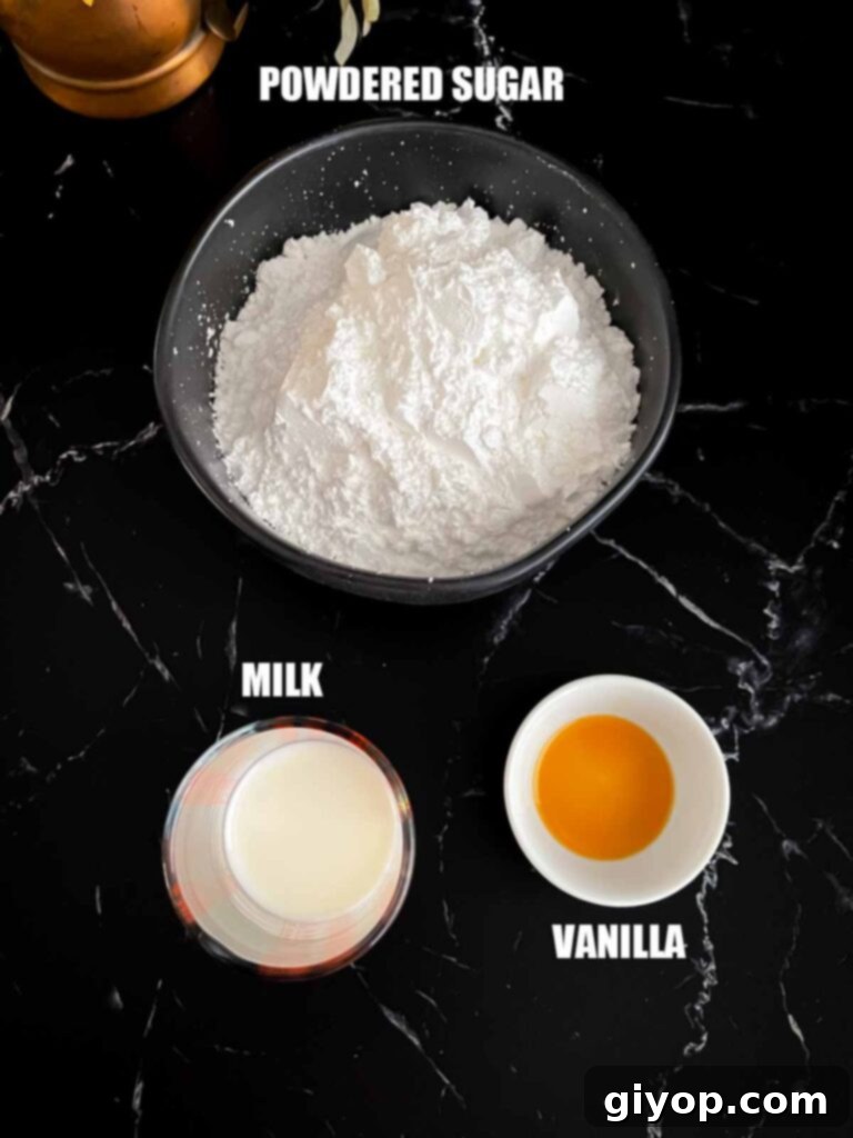 Cinnamon Apple Bliss 4 Apple fritters glaze recipe ingredients on a dark surface.