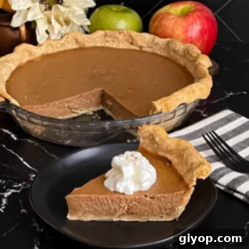 A slice of creamy Apple Butter Pie on a dark plate, beautifully garnished with a swirl of fresh whipped cream.