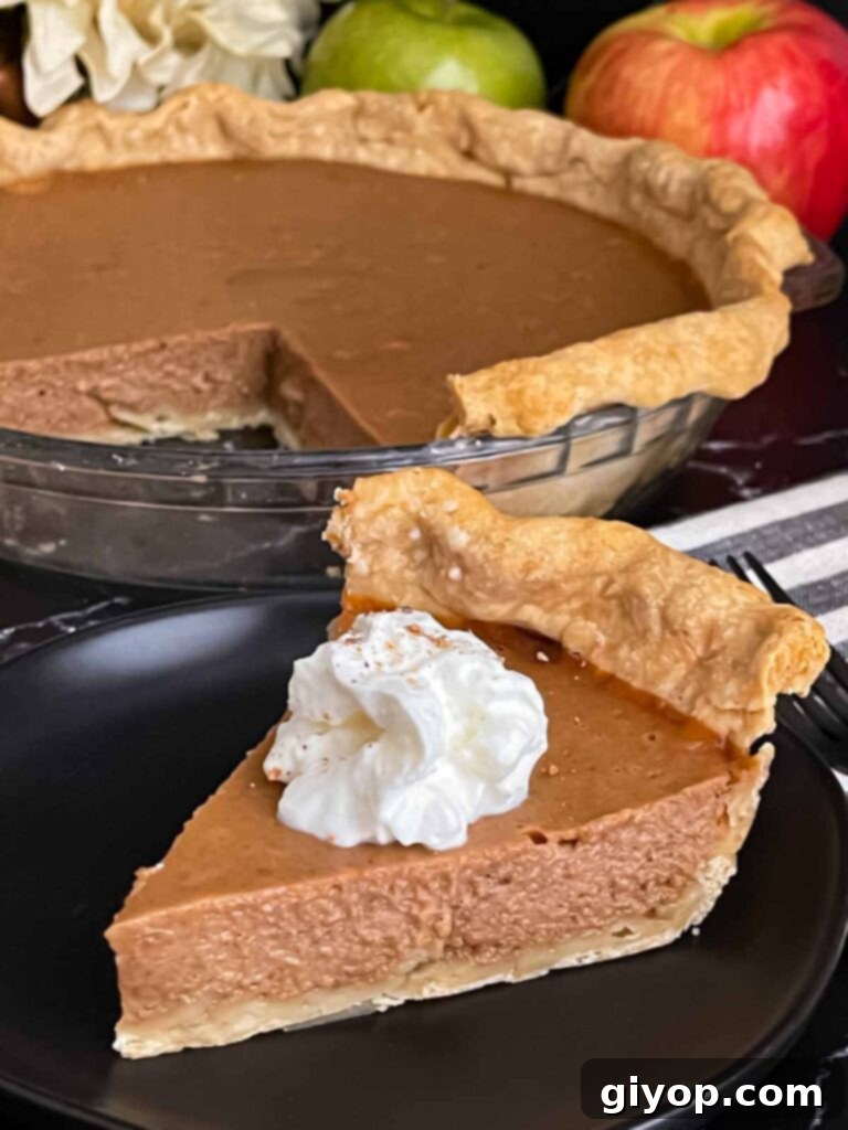 A beautifully presented slice of Apple Butter Pie, garnished with a generous swirl of whipped cream, sitting on a dark plate, inviting a delicious taste.