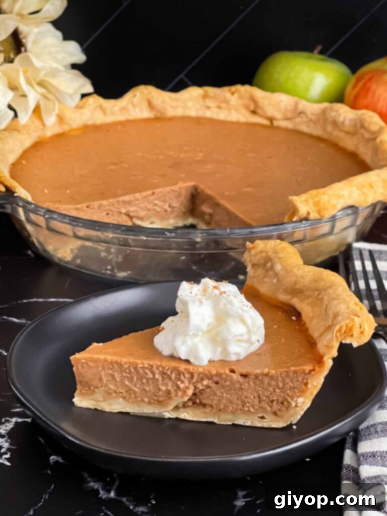 Another enticing view of a slice of Apple Butter Pie on a dark plate, showcasing its creamy filling and golden crust, topped with light whipped cream.