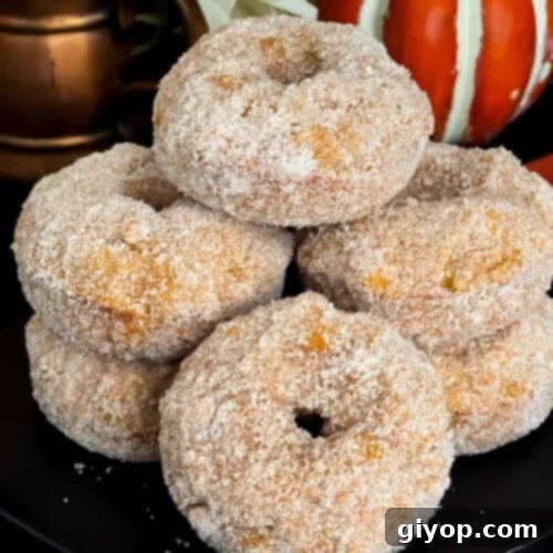 Baked pumpkin donuts stacked on a dark plate.