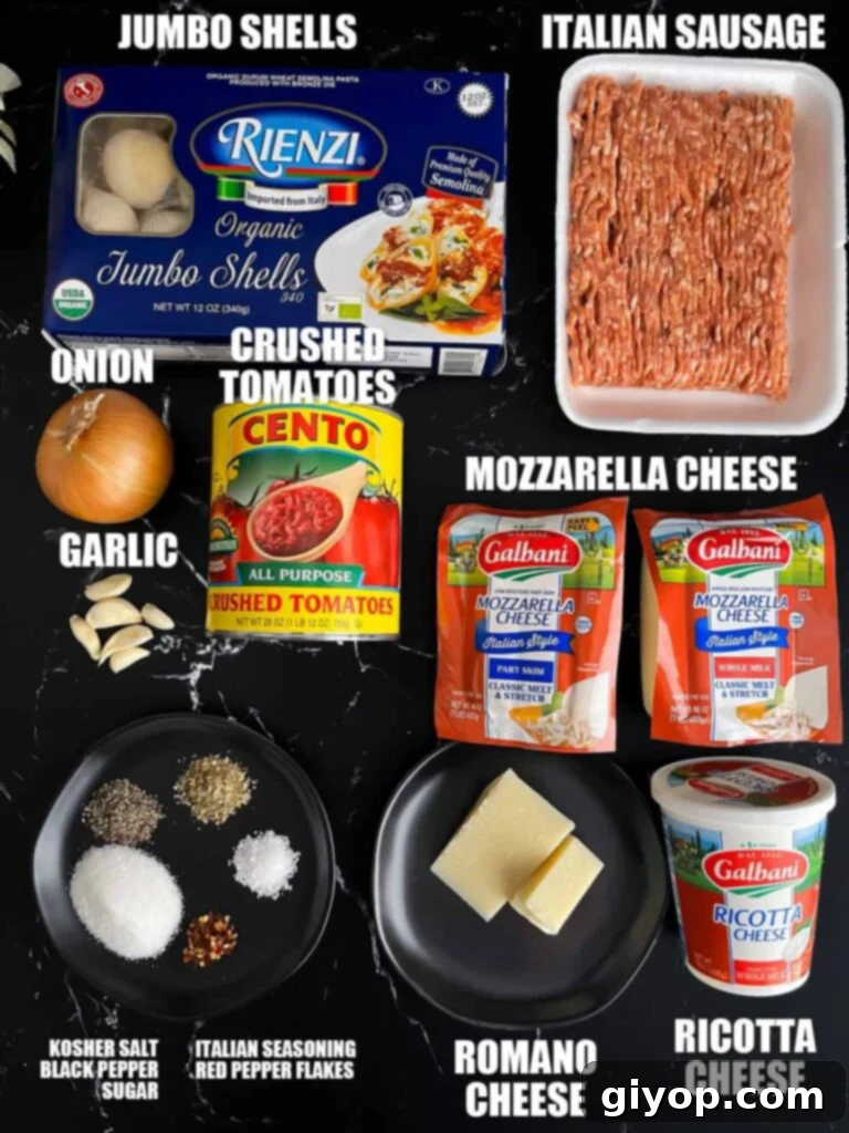 Ingredients needed to make Italian Sausage stuffed shells.