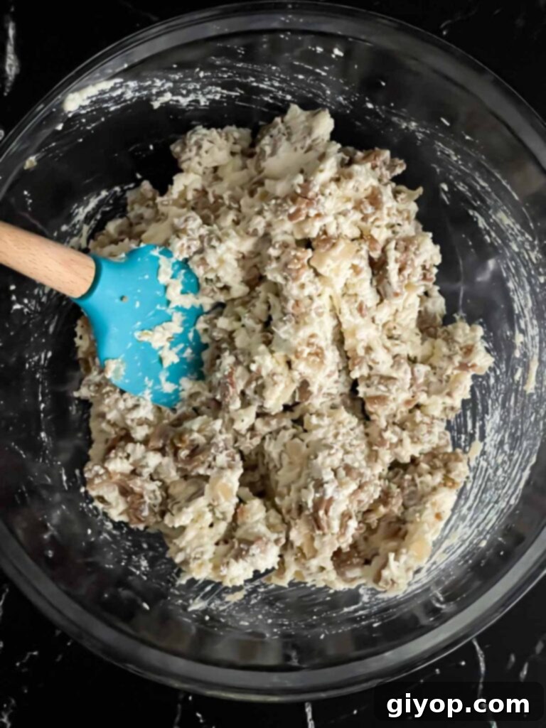 A stuffed shell mixture in a glass bowl.