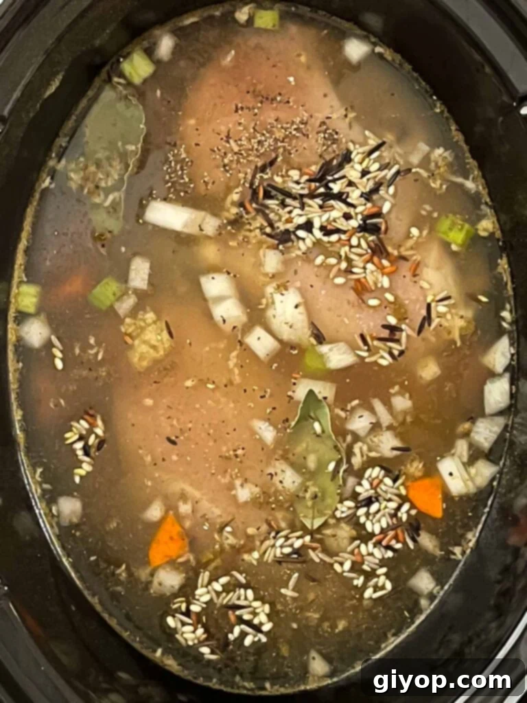 Soul-Warming Slow Cooker Chicken and Wild Rice Soup 6 All ingredients for slow cooker chicken and wild rice soup, including chicken, vegetables, stock, and rice, combined in the crock pot.