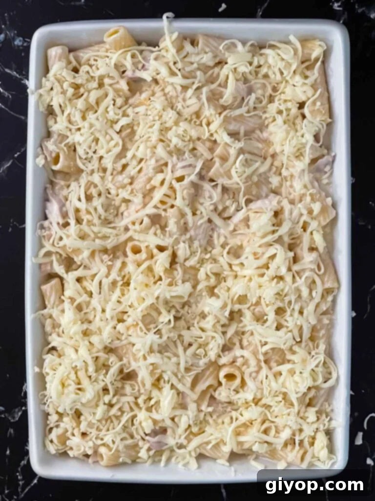 Unbaked Chicken Alfredo Casserole in a white casserole dish.