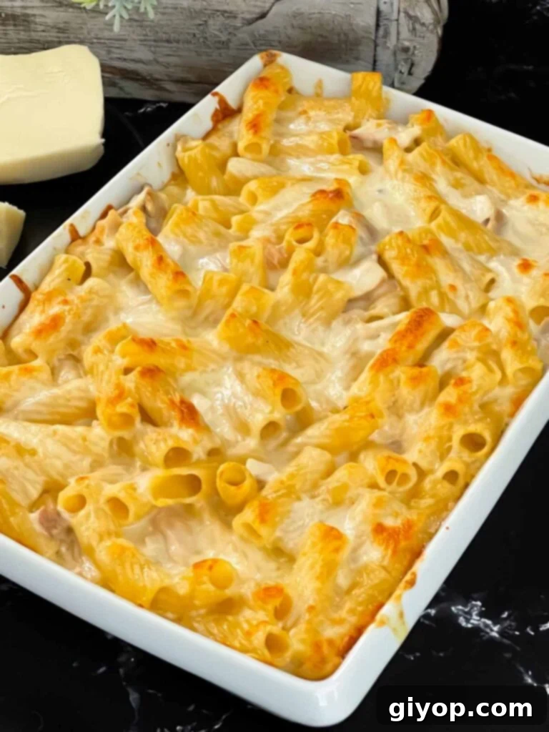 Chicken Alfredo Casserole in a white casserole dish.