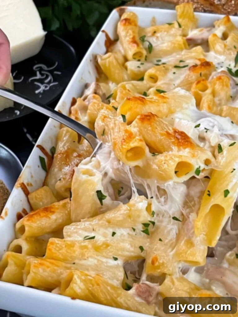 Chicken Alfredo Casserole in a white casserole dish.