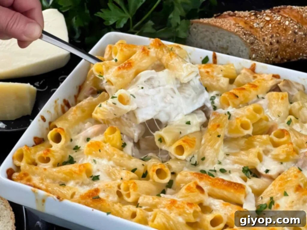 Chicken Alfredo Casserole in a white casserole dish.