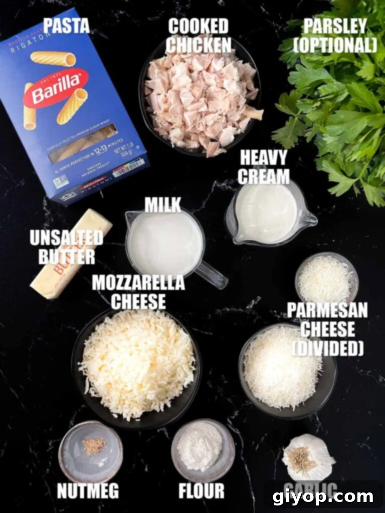 Ingredients needed to make Chicken Alfredo Casserole.