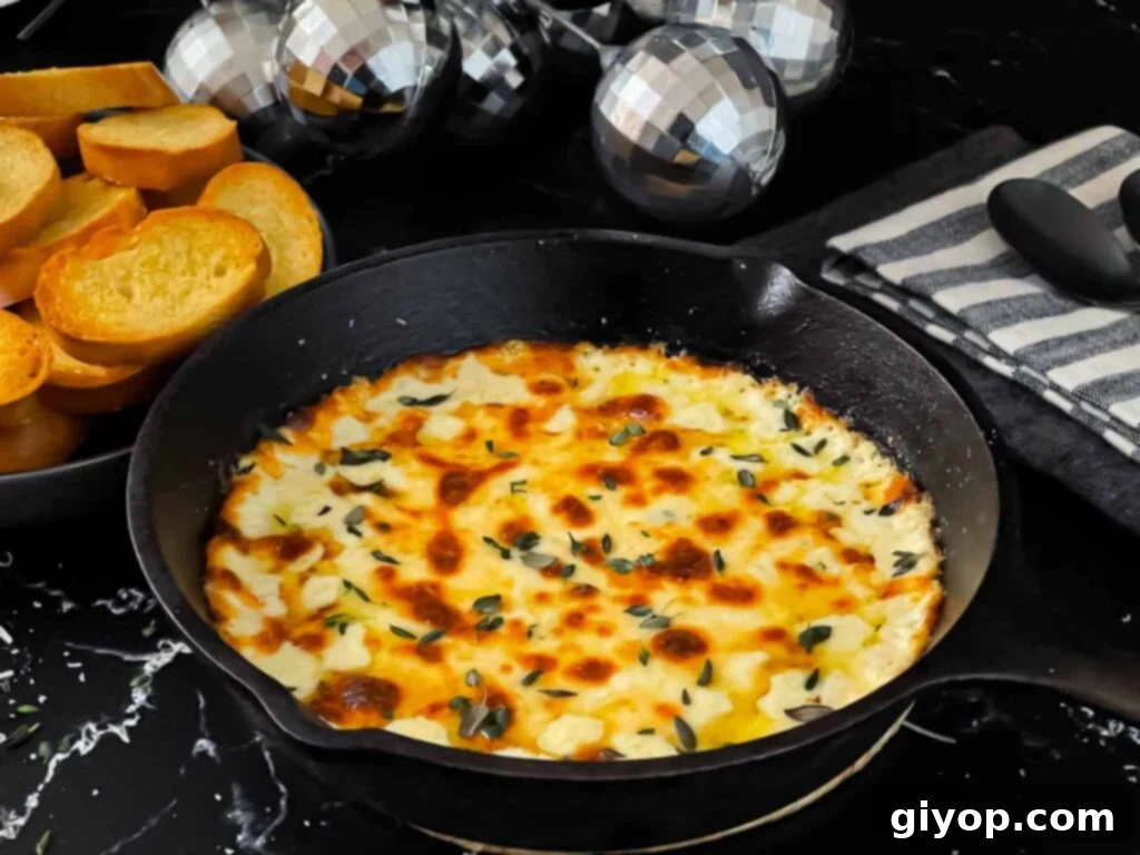 Baked Ricotta dip in a cast iron skillet, garnished with fresh thyme and served with toasted baguette slices.