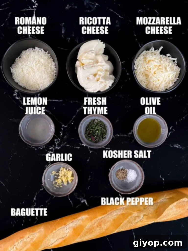 Ingredients needed to make baked ricotta dip, arranged beautifully on a rustic surface.