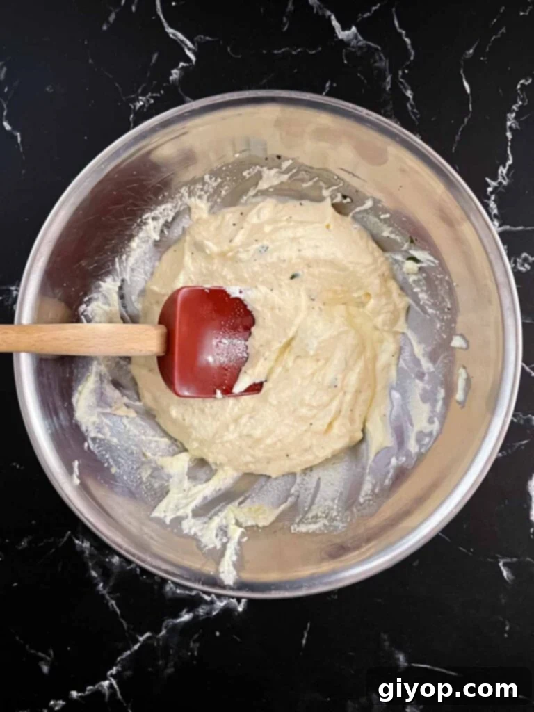 The ricotta dip mixture, perfectly blended and ready for baking, shown in a clean mixing bowl.