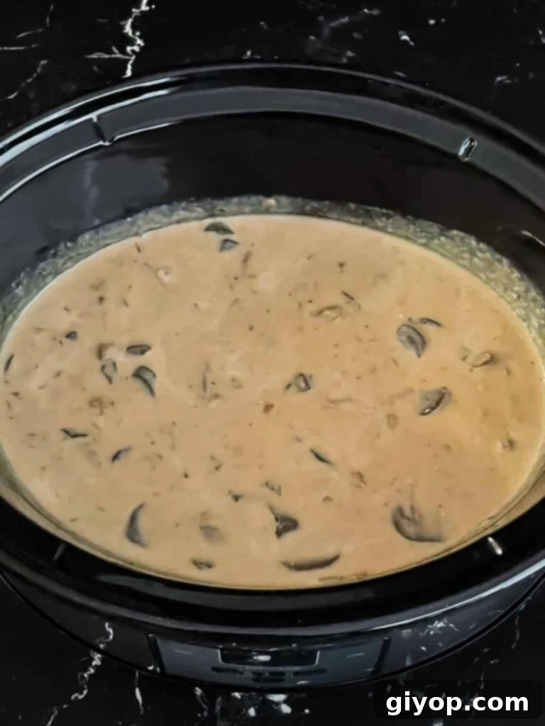Slow Cooker Beef Stroganoff From Scratch 9 Beef stroganoff in a slow cooker.