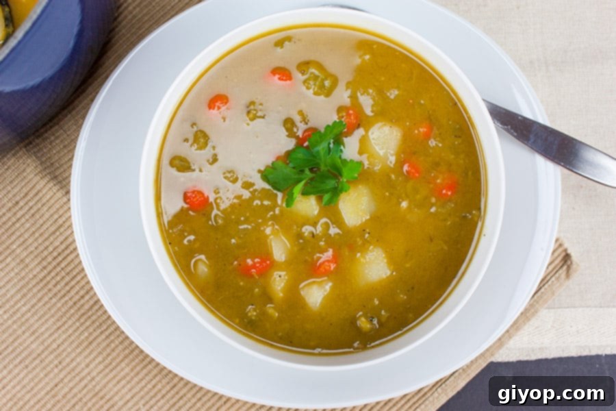 Close-up of creamy split pea soup in a white bowl, showing its rich texture and steam rising.