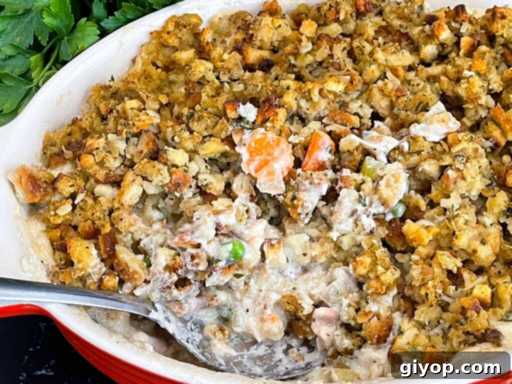Chicken Stuffing Casserole in a baking dish, freshly baked and golden.