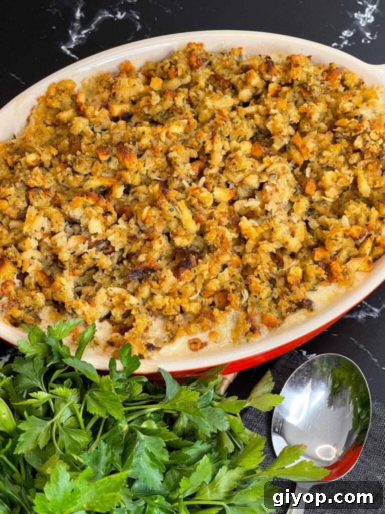 Freshly baked Chicken Stuffing Casserole, bubbling hot from the oven.