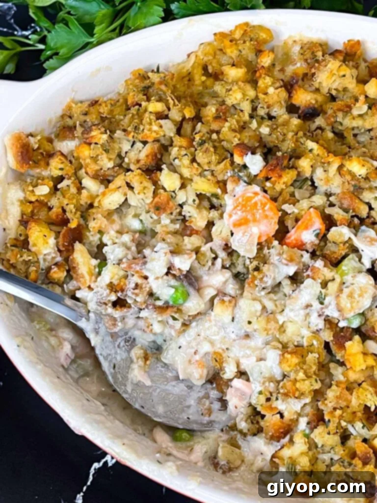 Close-up of baked Chicken Stuffing Casserole, showing golden, crispy topping.