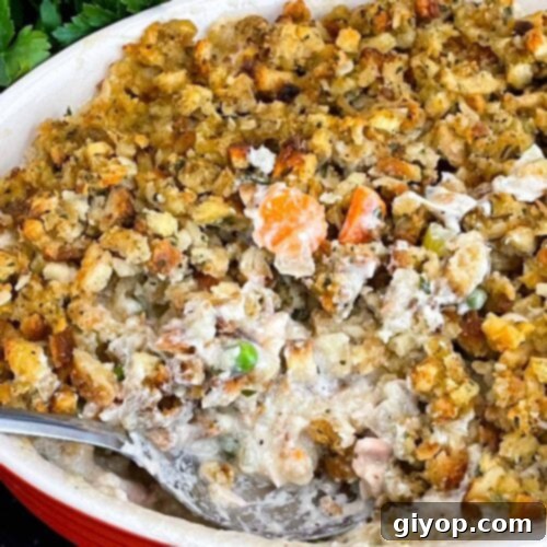 Chicken Stuffing Casserole in a baking dish.