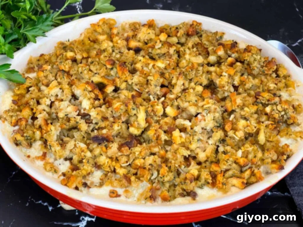 Delicious Chicken Stuffing Casserole in a glass baking dish, ready to be served.