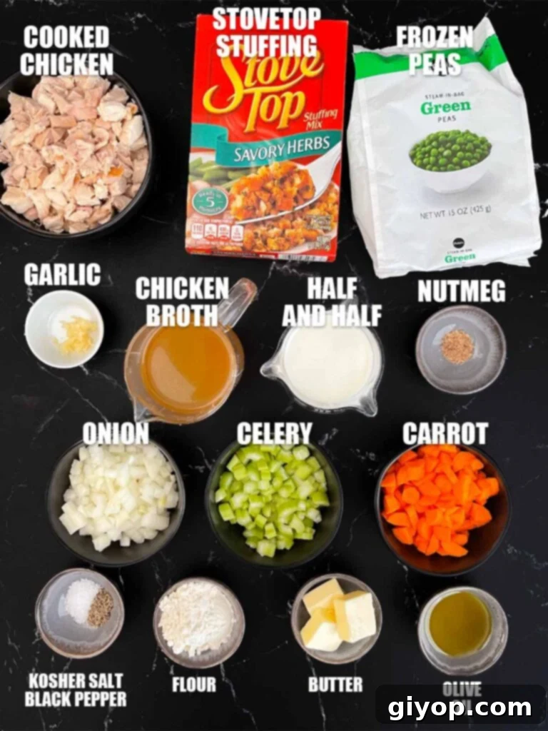 A collection of fresh ingredients laid out for making Chicken Stuffing Casserole.