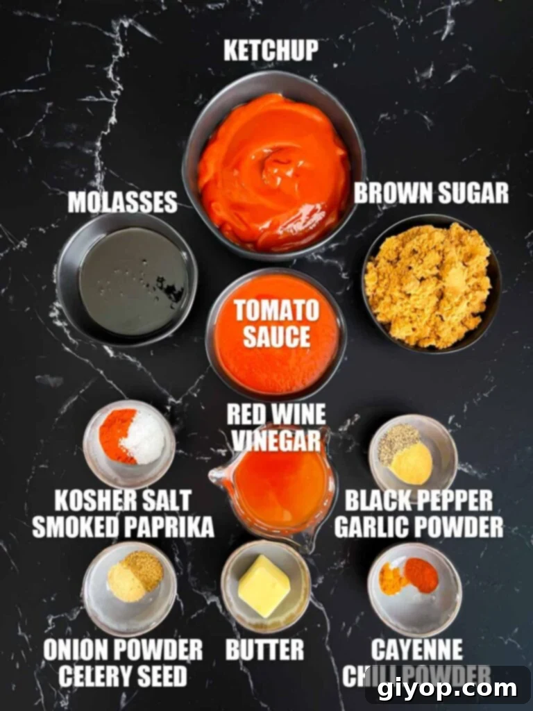 Legendary Kansas City Barbecue Sauce 3 Assortment of fresh ingredients laid out on a wooden surface, ready to be combined for Kansas City style barbecue sauce.