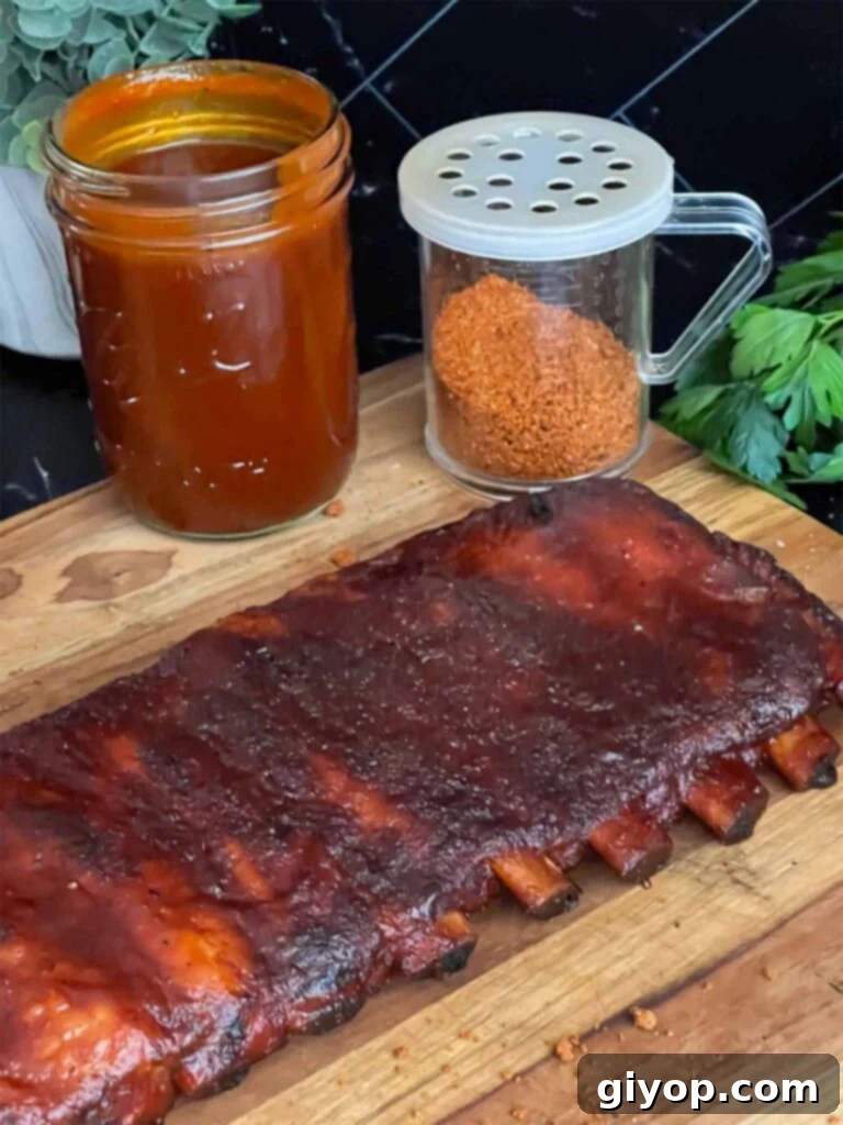 Sliced Kansas City style ribs on a wooden cutting board, showcasing their tender interior.