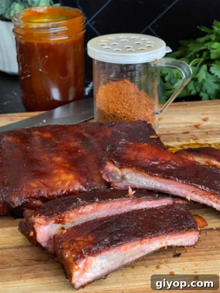 Close-up of succulent Kansas City style ribs, glistening with sauce and smoke.