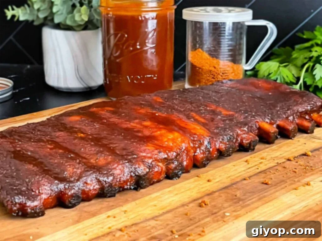 Perfectly smoked Kansas City style ribs on a wooden cutting board, ready for carving.