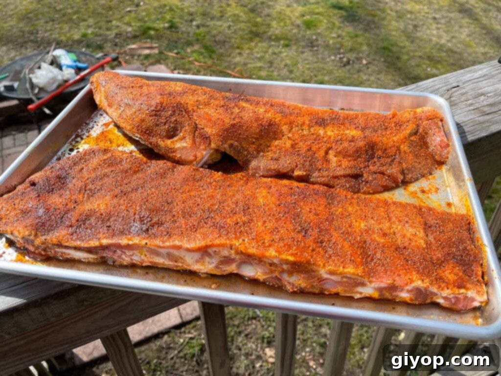 Ribs with rub, perfectly seasoned and ready to be placed on the smoker.