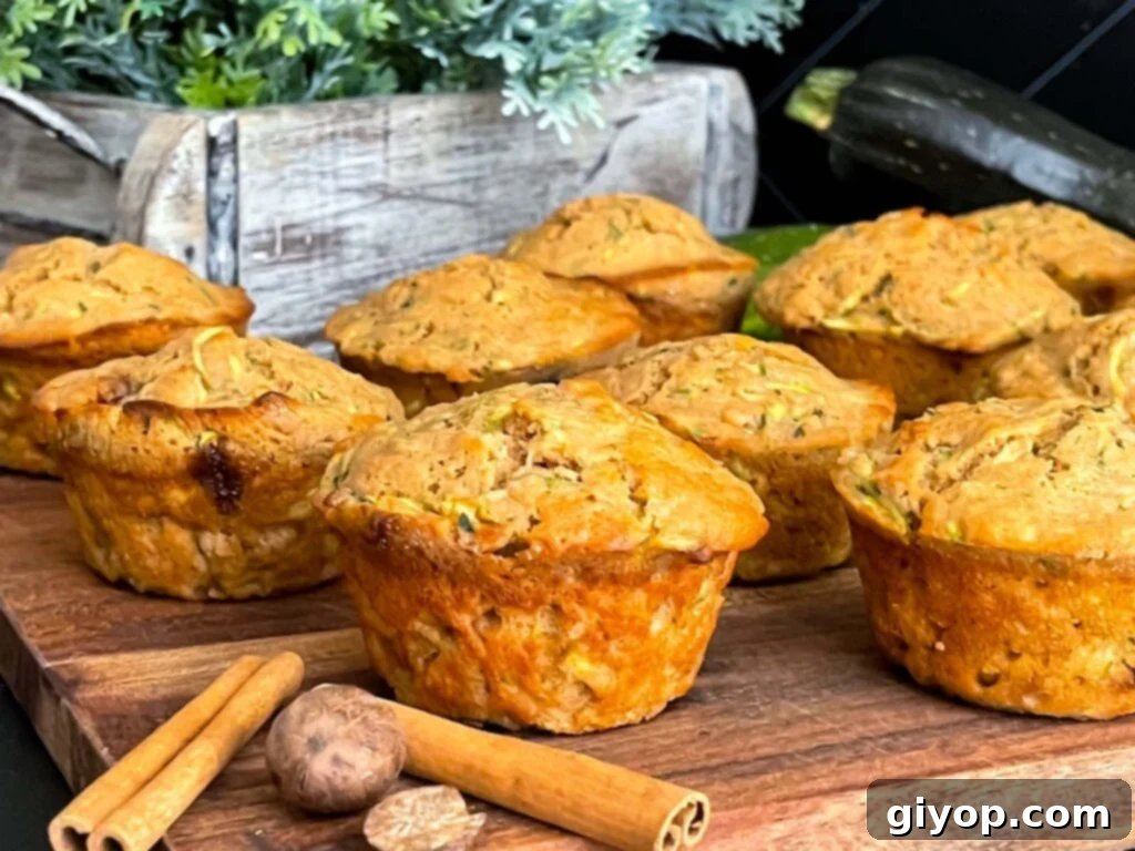 Freshly baked zucchini muffins on a rustic cutting board, adorned with cinnamon sticks and nutmeg for a touch of warm spice.
