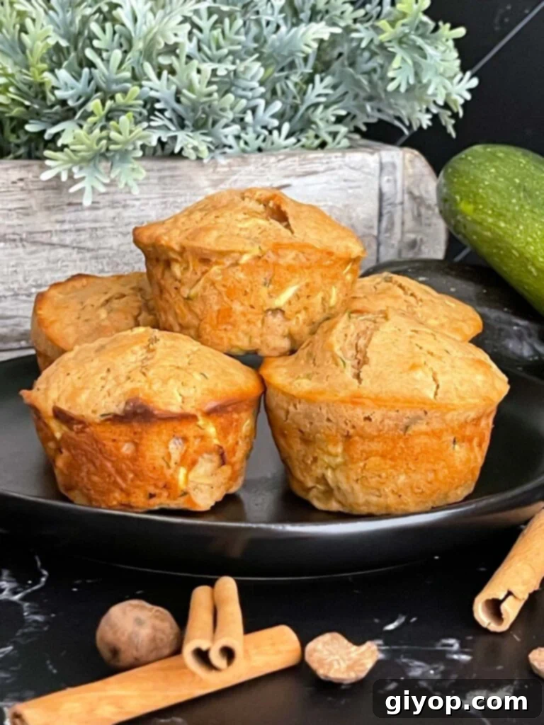 Two golden-brown zucchini muffins, beautifully baked and presented on a dark plate, alongside decorative cinnamon sticks and nutmeg.