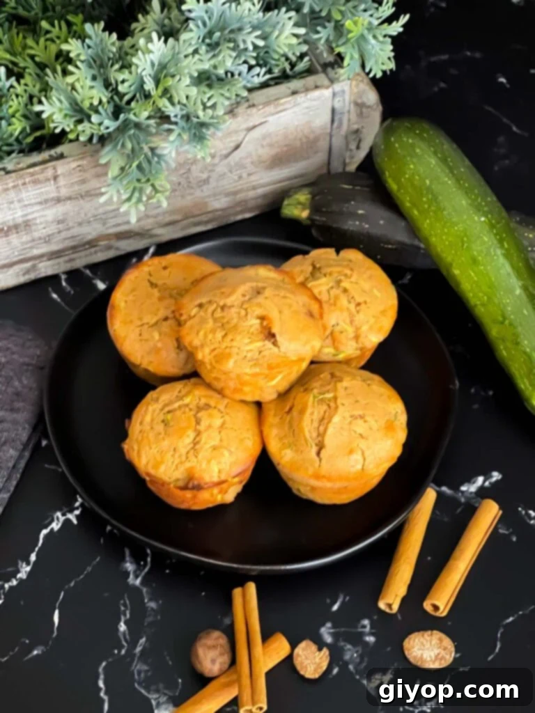 A close-up of a zucchini muffin, perfectly textured and inviting, placed on a dark plate, ready to be savored.