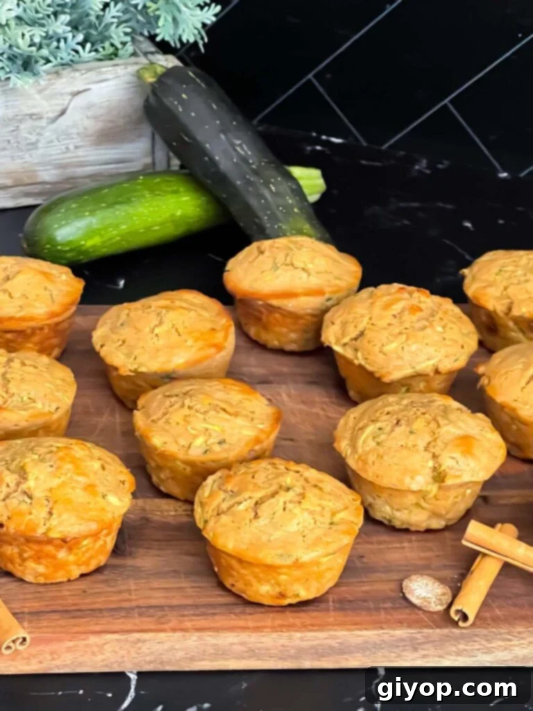 A glorious display of freshly baked zucchini muffins, golden brown and perfectly risen, resting on a cutting board, ready to be enjoyed.