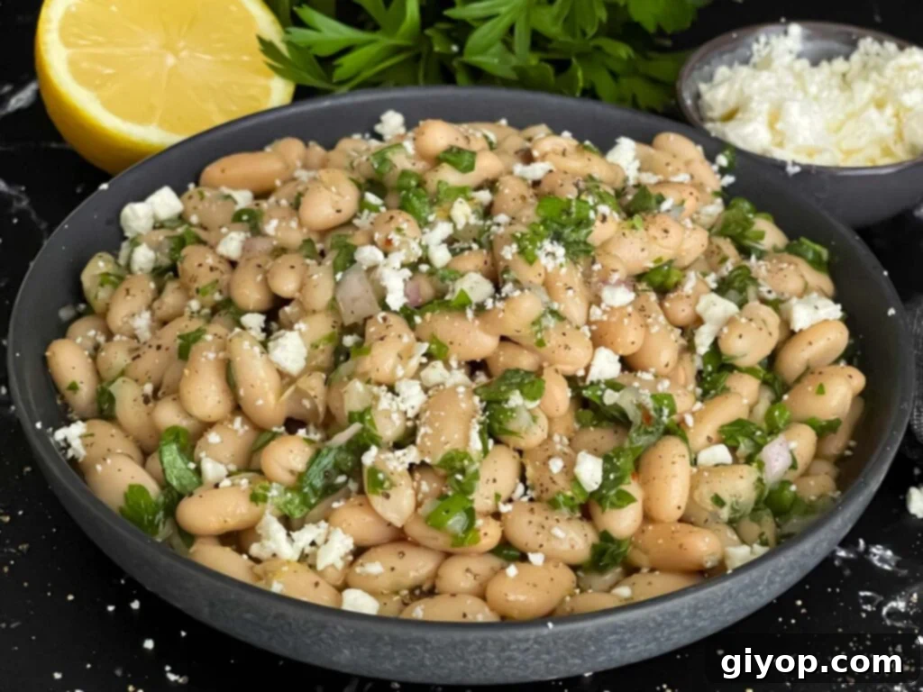 Bright Lemon White Bean Salad 2 A beautifully presented Lemon White Bean Salad in a dark bowl, ready to be enjoyed.