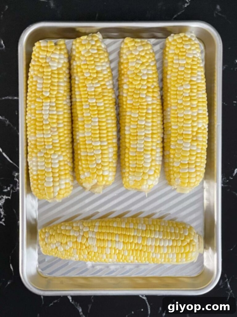 Fresh corn on the cob resting on a small baking sheet, ready for grilling.