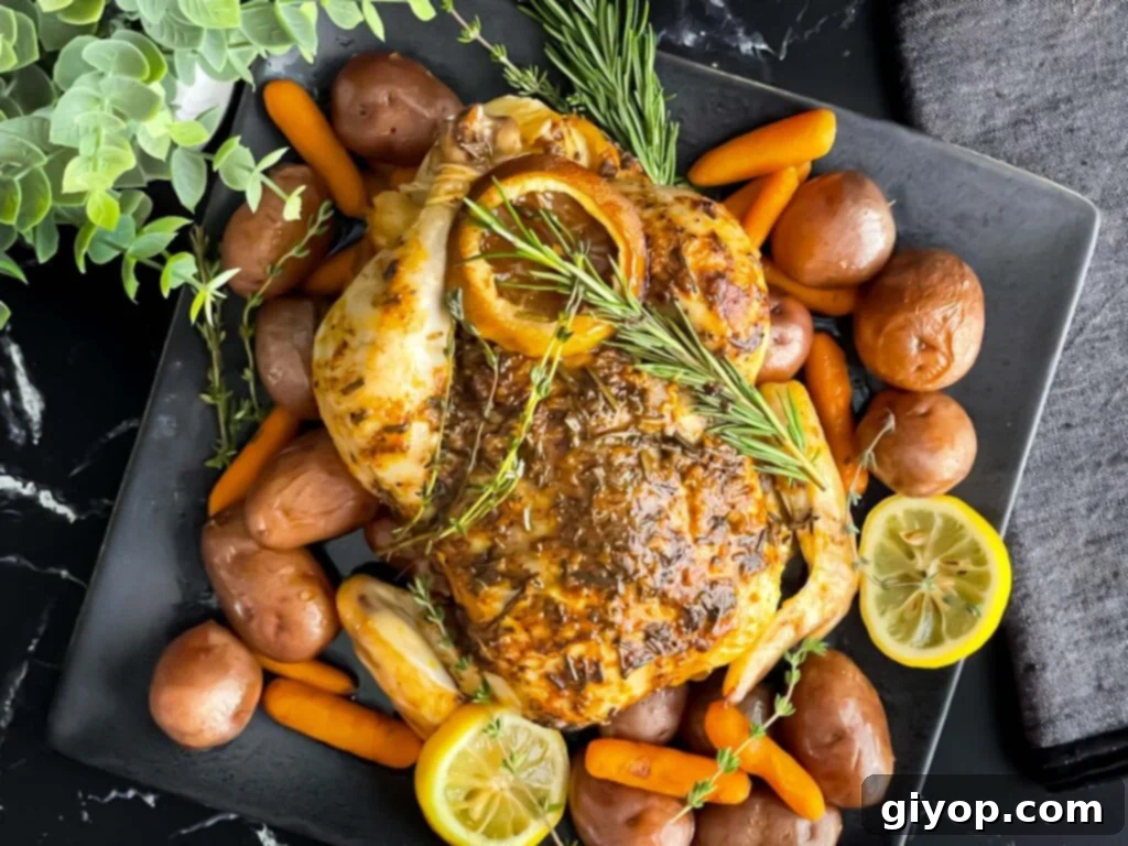 Slow cooker lemon herb whole chicken on a dark plate on a dark surface.
