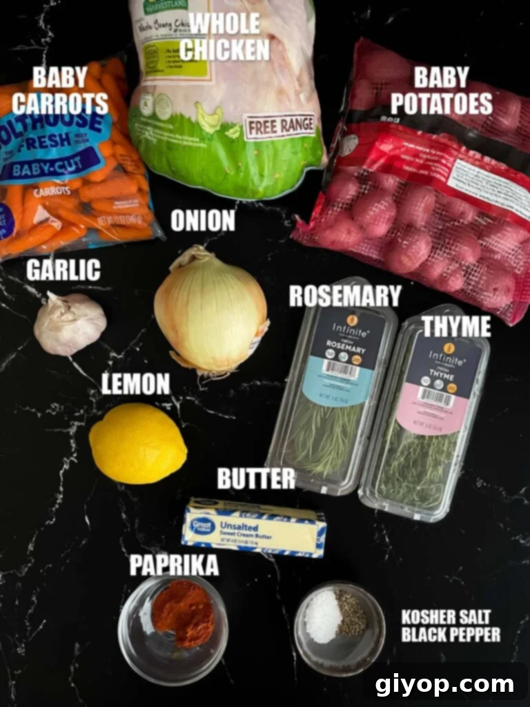 Slow cooker lemon herb whole chicken recipe ingredients on a dark surface.