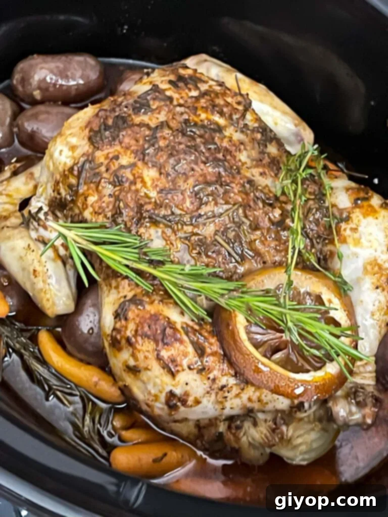 Cooked slow cooker lemon herb whole chicken in the crock pot.
