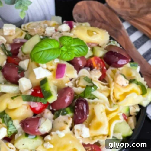 Zesty Greek Tortellini Pasta Salad 9 Tortellini pasta salad in a dark bowl.