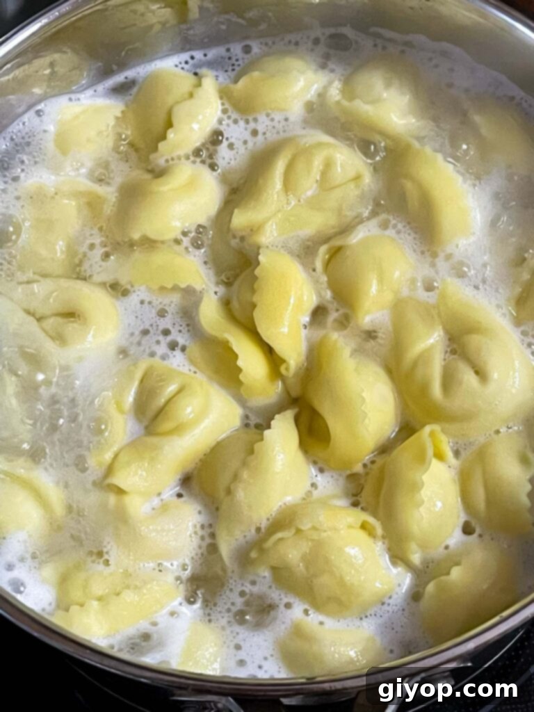 Zesty Greek Tortellini Pasta Salad 5 Cheese tortellini boiling in a large pot of salted water on a stovetop.