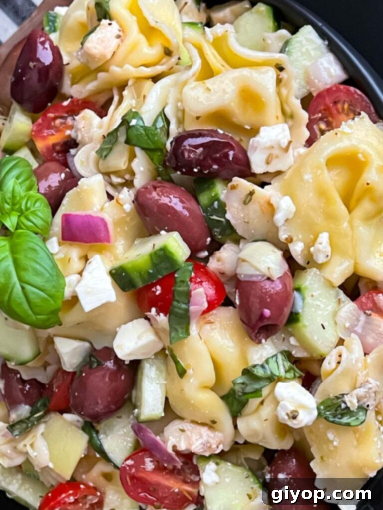 Zesty Greek Tortellini Pasta Salad 8 The finished Greek Tortellini Pasta Salad served in a stylish dark bowl, garnished with fresh basil leaves.