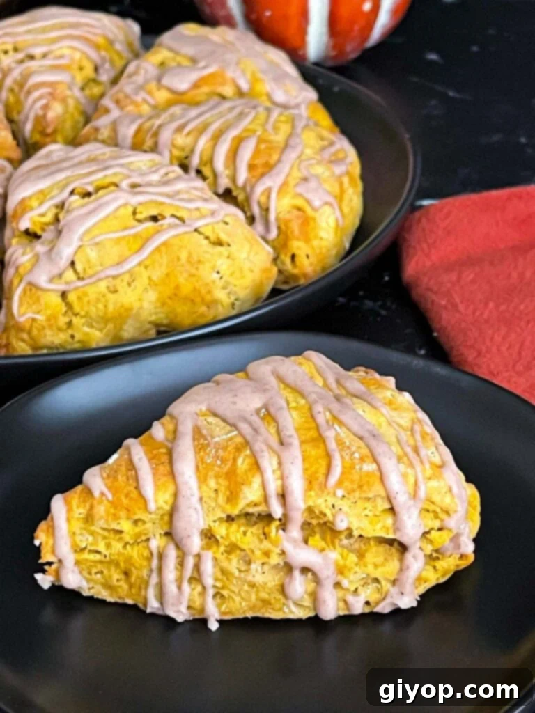 Beautifully baked pumpkin scones arranged on a dark plate, set against a dark, rustic surface, highlighting their golden-brown crust and inviting texture.