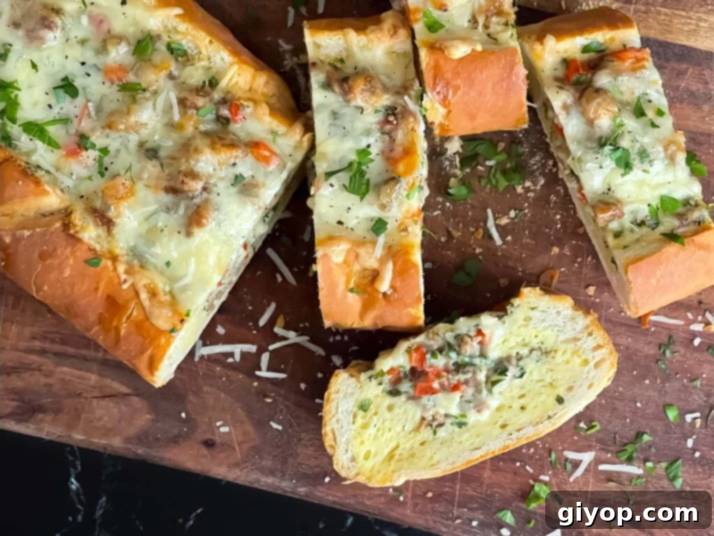 Sausage and Egg Baguette Bake cut up on a cutting board, showcasing a perfect slice with eggs, sausage, and cheese.