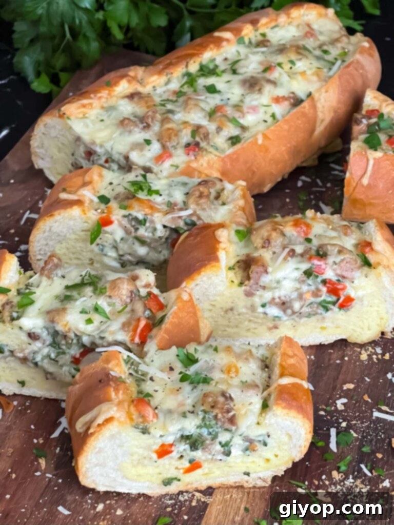 A baked Sausage and Egg Baguette Bake cooling on a cutting board, ready to be sliced.