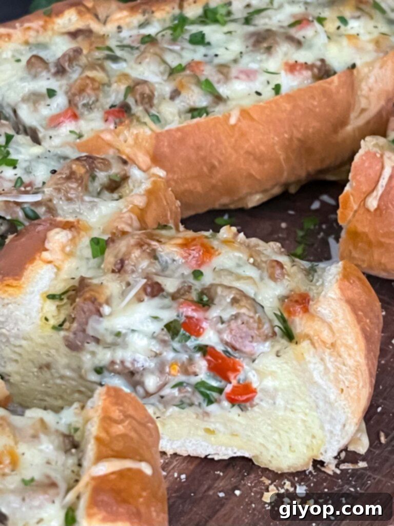 Slices of Sausage and Egg Baguette Bake arranged on a cutting board, showing the delicious cross-section.