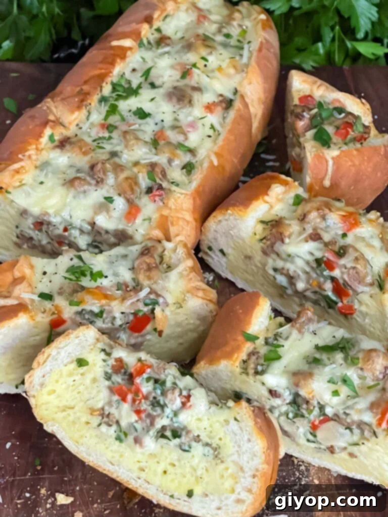 A close-up of a slice of Sausage and Egg Baguette Bake, highlighting the melty cheese and hearty filling.