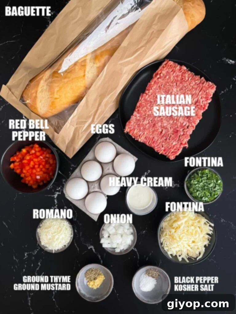 Ingredients laid out on a kitchen counter, ready for making Sausage and Egg Baguette Bake, including bread, eggs, sausage, and vegetables.