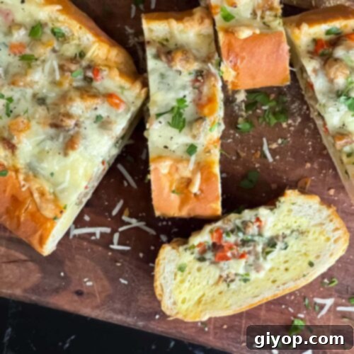 Sausage and Egg Baguette Bake cut up on a cutting board.