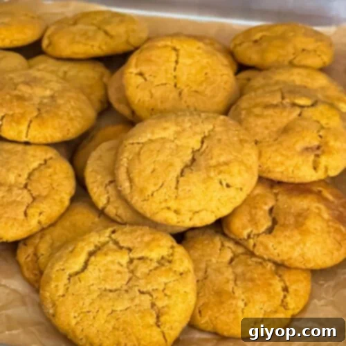 Pumpkin Snickerdoodle cookies on a parchment paper lined baking sheet.