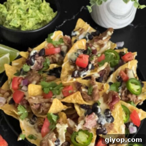 Smoky Pulled Pork Nachos 12 Pulled pork nachos with red onion, tomato, and jalapeno.